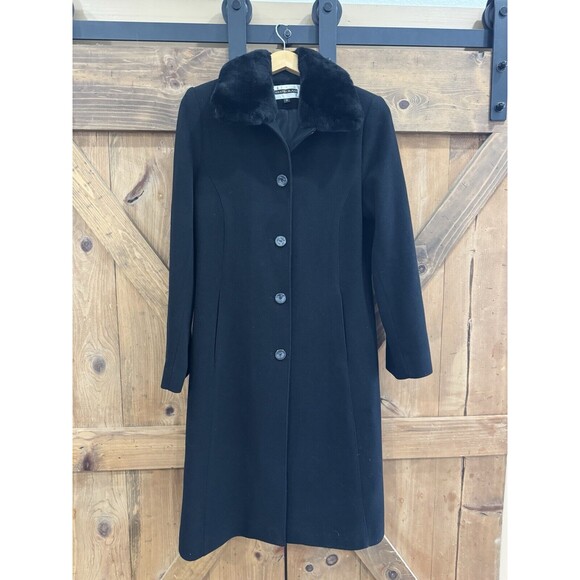 Kristen Blake Black Trench Coat Women's Sz 10 Wool Cashmere & Rabbit Fur Collar - Picture 1 of 6